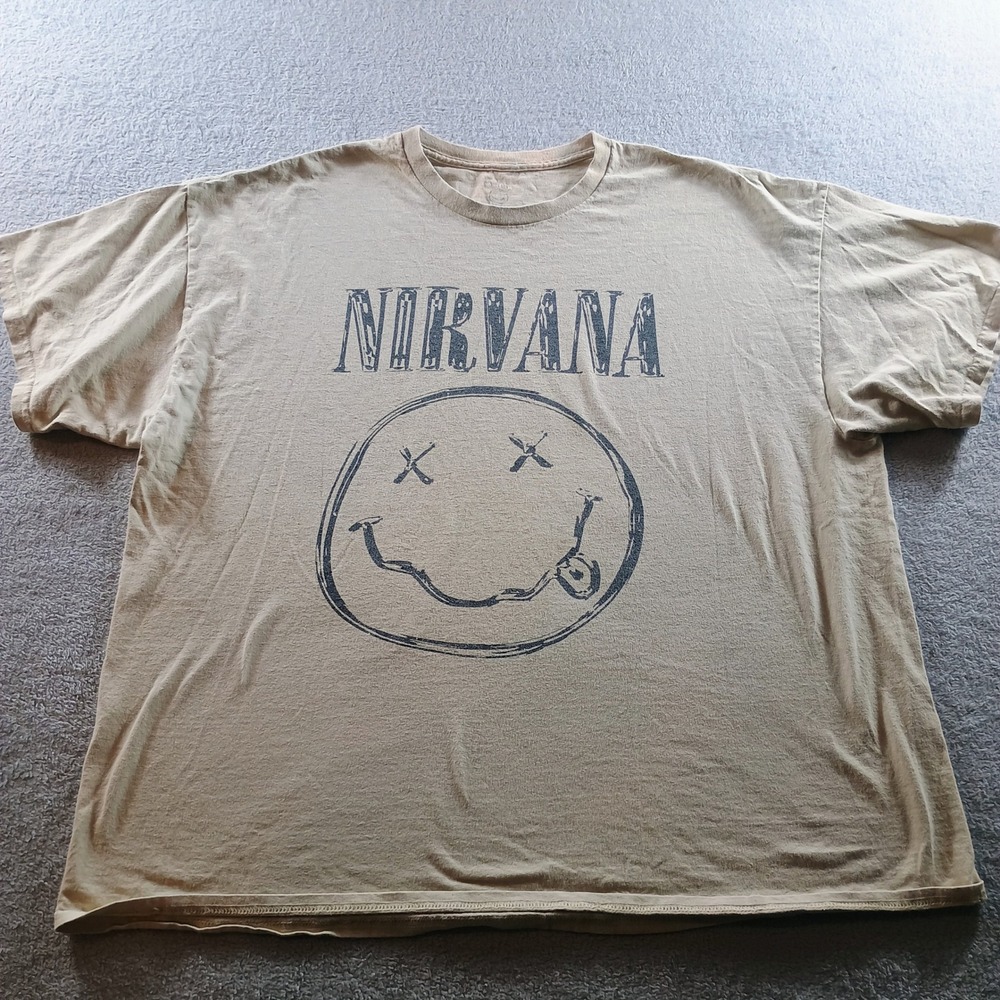 Nirvana Mens Graphic T-Shirt Tan 2XL Smiley Face Logo Band Tee